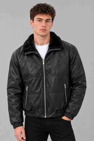 Stilkombin Faux Leather Winter Coat with Fur Collar and Padding Kmd 894_50537