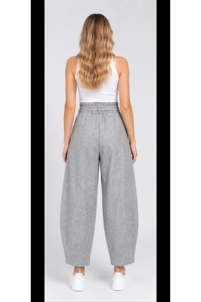SheLoria Women's Gray High Waist Barrel Cut Belted Thick Cashmere Pocket Trousers