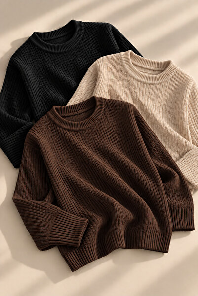 pepule Women's 3-Piece Crew Neck Oversize Knitwear Sweater Soft Knitted Sweater