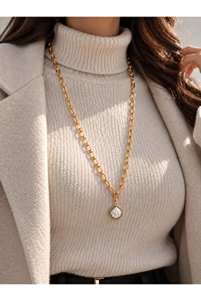 Bluw Jewelry قلادة أزورا من الفولاذ بطول 60 سم مرصعة بحجر الفيروز على شكل صدف...