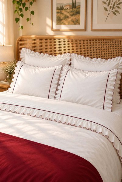 İK TEKSTİL Mirella 100% Cotton Ruffled Burgundy Ribbed Runner 7 Piece Double Duvet Cover Set