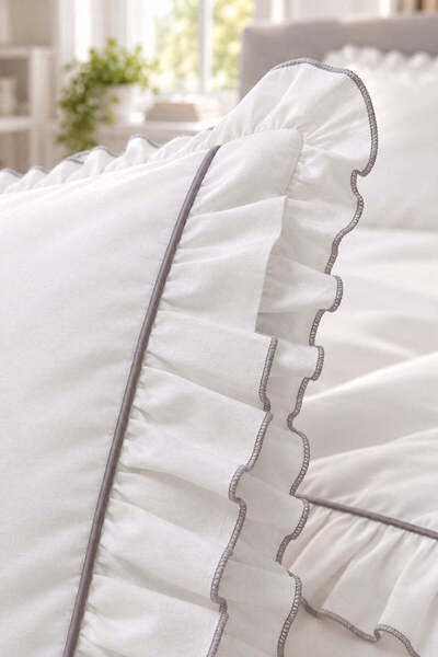 İK TEKSTİL Mirella 100% Cotton Ruffled Light Gray Piping Runner 5 Piece Single Duvet Cover Set