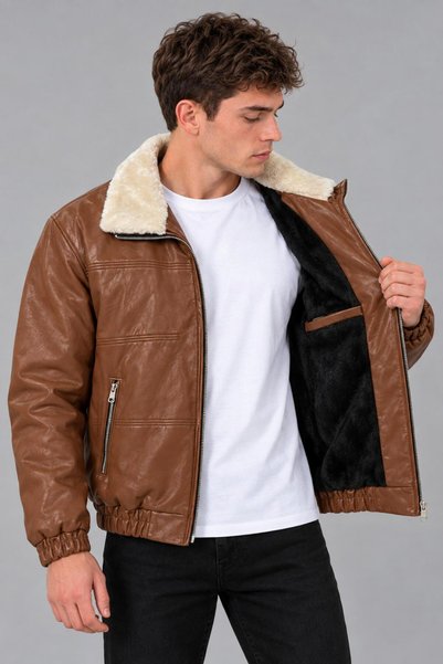 Stilkombin Faux Leather Winter Coat with Fur Collar and Padding Kmd 894_50537