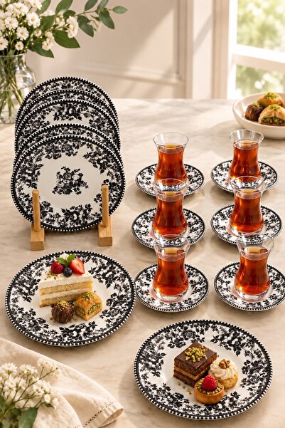 OLİAHOME 18 Parça 6 Kişilik Seramik Pasta ve Çay Seti – 6 Pasta Tabağı, 6 Çay...