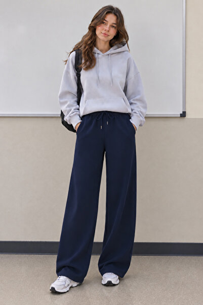 Warasiva Women's Navy Blue Flat-Leg Modal Fabric Sweatpants with Pockets