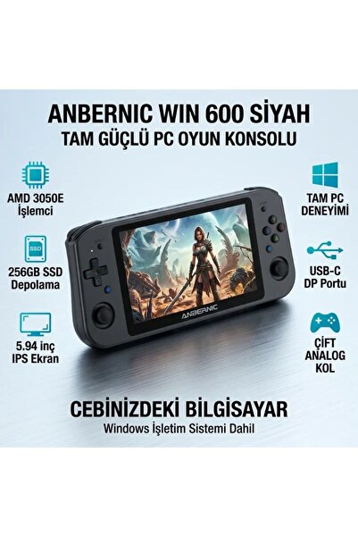 ANBERNIC WIN 600 Windows Taşınabilir El Konsolu Siyah - AMD 3050E İşlemci 8 G...