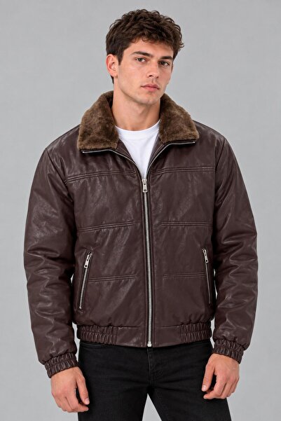 Stilkombin Faux Leather Winter Coat with Fur Collar and Padding Kmd 894_50537