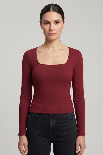 Kare Yaka Uzun Kollu Fitilli Ribana Dokulu Basic Badi Bluz Bordo
