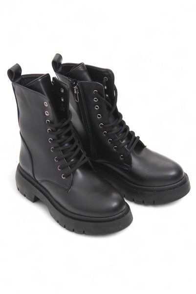 Juuuj Black Faux Leather Look Thick Sole Lace-Up Comfortable Boots with Side ...