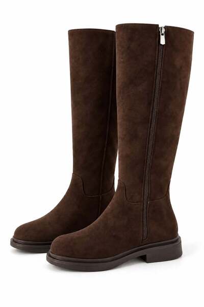 Juuuj Brown Suede Textured Flat Sole Side Zipper Long Style Comfortable Cut B...
