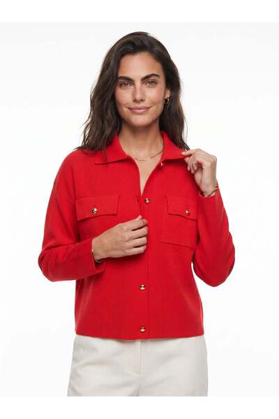 Juuuj Red Acrylic Blended Knitwear Fabric Gold Button Detailed Double Pocket ...