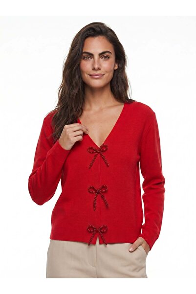 Juuuj Red Knitted Cardigan with V-Neck, Standard Fit, Pearl and Bow Accessories
