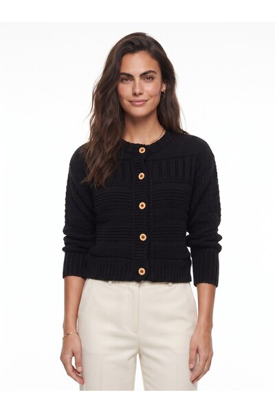 Juuuj Black Acrylic Blended Long Sleeve Crew Neck Self-Patterned Buttoned Kni...