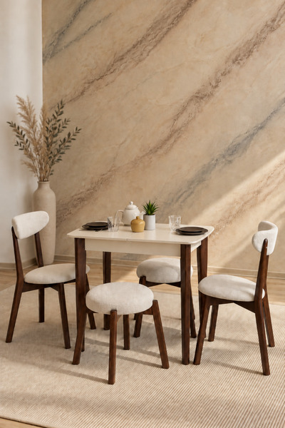 MAQ HOME 4 Kişilik Açılır Mutfak Masası Takımı 60x90 MDF Sandalyeli Puflu Ekr...