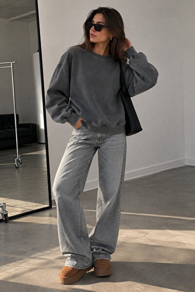 Kadın Oversize Basic 3 İplik Şardonlu Bisiklet Yaka Sweatshirt