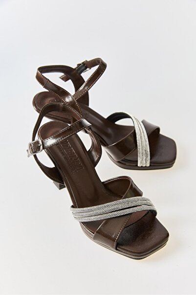 Juuuj Brown Stone Detailed Cross-Strapped Ankle-Tie Comfortable Design Heeled...