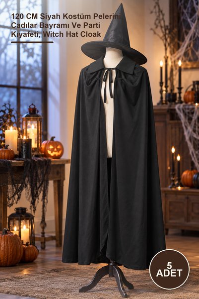Yenilig 5-Piece Black Collared Cloak and Witch Hat Set – 120 cm Black Costume...