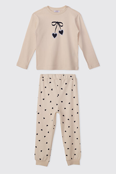 Panço Girl's Printed Ecru Pajama Set