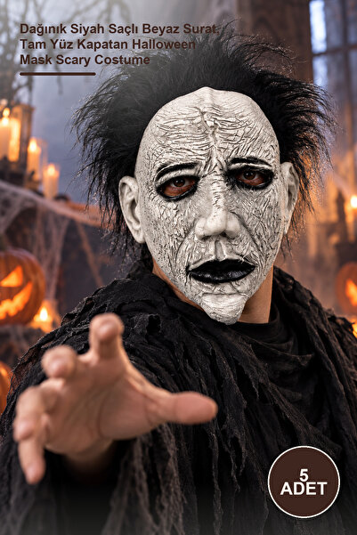 5 Adet Lateks Korku Maskesi – Dağınık Siyah Saçlı Beyaz Surat, Tam Yüz Kapatan Halloween Mask Scary Costume