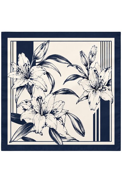 Mavero 70X70 Women's Scarf – Navy Blue Floral Patterned Silk-Look Satin Square Scarf, Elegant Shawl and Neck Accessory