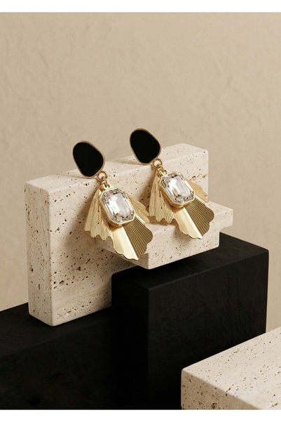 Halley Concept Elegant Earrings in the Form of Gold Leaf with Black Enamel and Stone Detail 5X3 cm