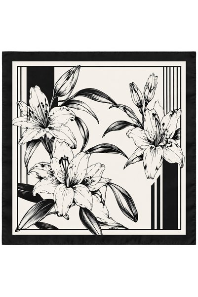Mavero 70X70 Women's Scarf – Black and White Floral Patterned Square Scarf, Stylish Neck and Shoulder Accessory