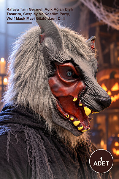 1 Adet Lateks Kurt Maskesi – Kafaya Tam Geçmeli Açık Ağızlı Dişli Tasarım, Cosplay Ve Kostüm Party, Wolf Mask Mavi Gözlü Uzun Dilli