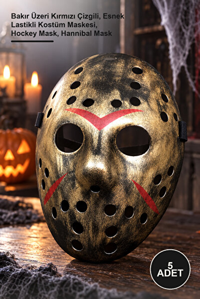 5 Adet Tam Yüz Jason Hokey Maskesi – Bakır Üzeri Kırmızı Çizgili, Esnek Lastikli Kostüm Maskesi, Hockey Mask, Hannibal Mask