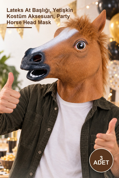 3 Adet At Kafası Maskesi – Lateks At Başlığı, Yetişkin Kostüm Aksesuarı, Party Horse Head Mask