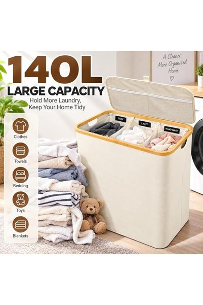 XVersion 3-Bag Laundry Hamper with Lid – Removable Liner Bags & Sorting Labels, Collapsible Clothes