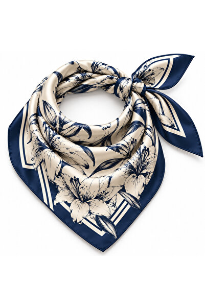 Mavero 70X70 Women's Scarf – Navy Blue Floral Patterned Silk-Look Satin Square Scarf, Elegant Shawl and Neck Accessory