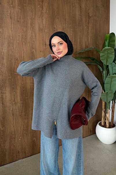 Hazamoda Fermuar Detaylı Salaş Tunik Gri