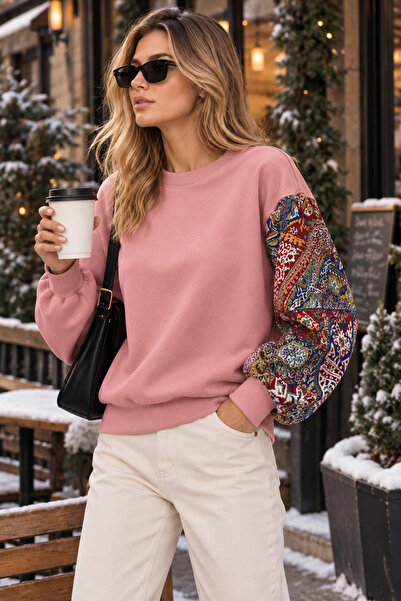 Kadın Oversize Tek Kolu Etnik Desenli 3 İplik Şardonlu Sweatshirt