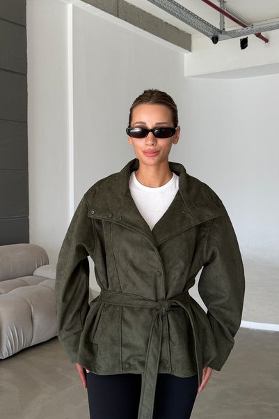 MANMARK Women's Belted Stand Collar Oversized Suede Trench Coat Jacket