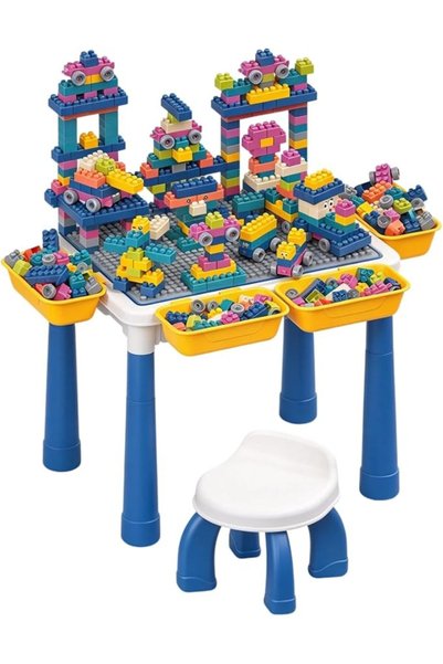 GENERAL 3-in-1 Kids Activity Building Block Play Table with Stool, Multi Purp...