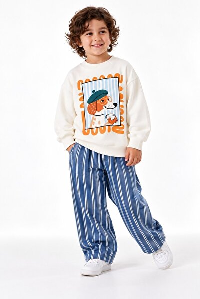 Ekru Köpek Baskılı Sweatshirt Mavi Çizgili Bol Paça Pantolon 2'li Takım