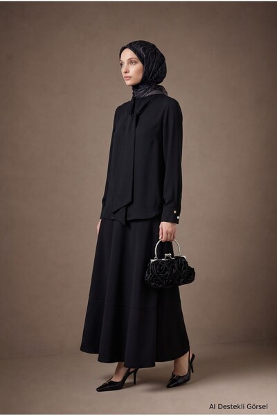 Armine TREND Tie Collar Long Sleeve Blouse and Skirt Two-Piece Set Black 26Kt624