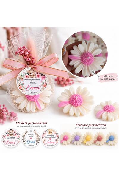 Generic Brand Set de 10 mărturii pentru botez/nunta, margarete, handmade, ceara de soia, etichetă personalizată