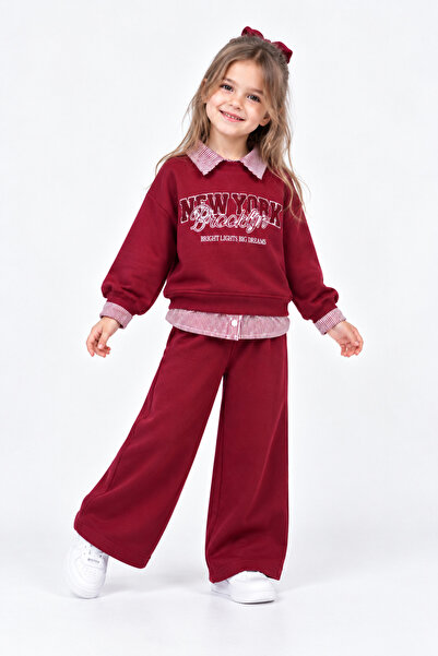 Neo Kids Kız Çocuk Bordo New York Baskılı Gömlek Detaylı 2'li Eşofman Takımı