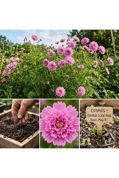 Bloom & Sow Seed بذور كوزموس وردية مزدوجة الزهر، بذور كوزموس سنوية مزدوجة الز...