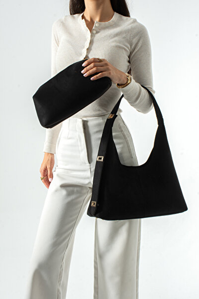 Adox Çanta Marston Model Black Suede Women's Hand and Shoulder Bag with Lock ...