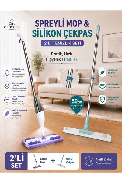 Emoev 2'li Zemin Temizlik Seti - Su Püskürtmeli Spreyli Mop Paspas & 50 cm Ge...