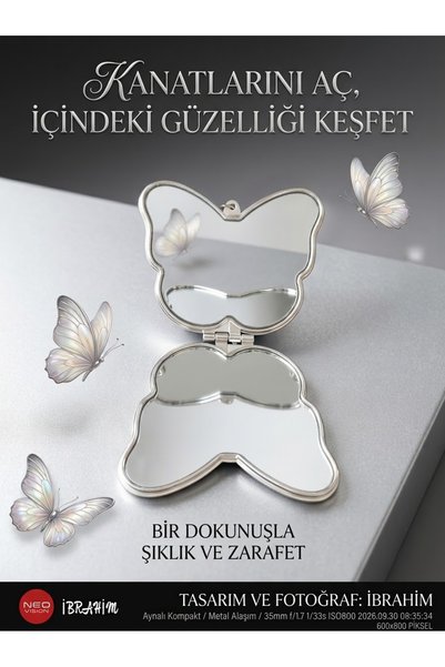 ASL 2 taraflı katlanabilir cep ve çanta boy makyaj aynası kelebek şeklinde an...