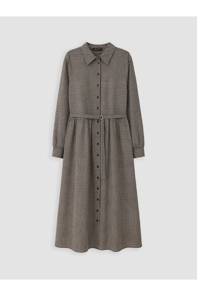LC Waikiki Black Plaid Belted Shirt Dress