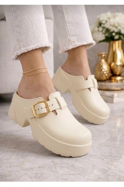 Shubuu Women's Platform Heeled Sole Doctor Nurse Gold Buckle Slippers 045