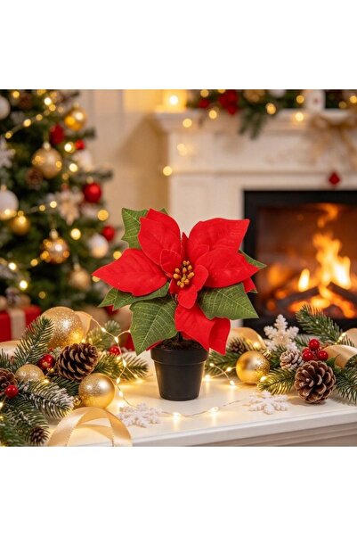Kmt Style Decor de masă de Crăciun, floare artificială Poinsettia într-un ghi...