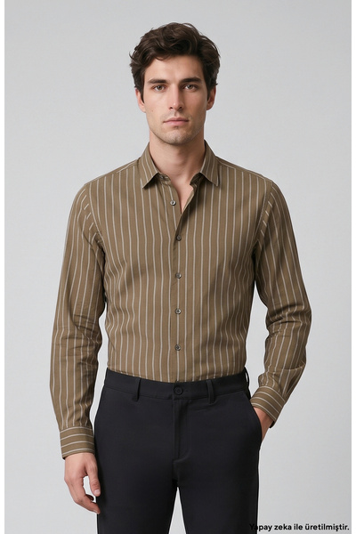 Network Haki Slim Fit Çizgili Gömlek