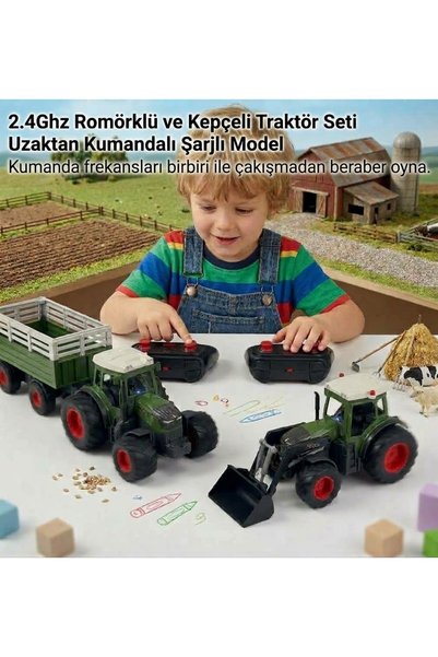 Genel Markalar 2 Traktör 1 Süper Set Uzaktan Kumandalı Şarjlı Römorklü ve Kep...