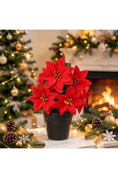 Kmt Style Artificial Christmas Poinsettia plant with seven flowers in a pot, ...