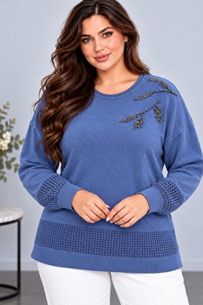 CEDY DENIM Women's Crew Neck Branch Leaf Embroidered Stone Detailed Textured ...